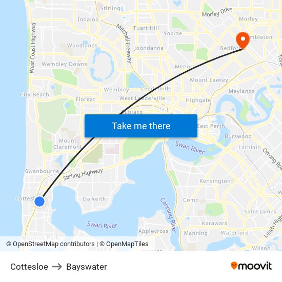 Cottesloe to Bayswater map