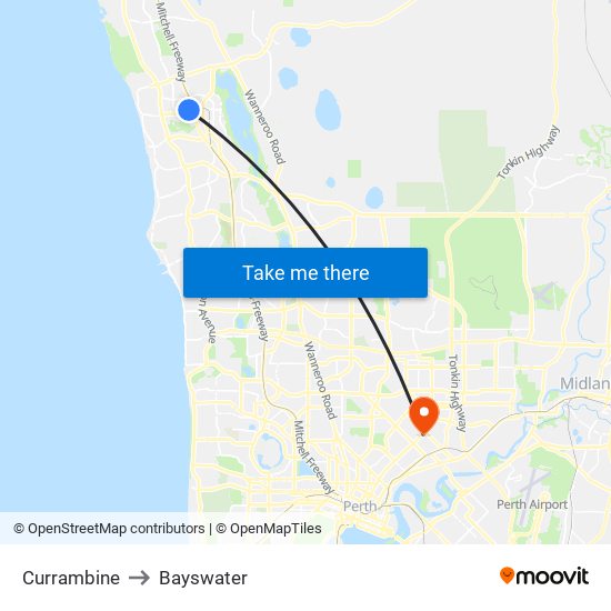 Currambine to Bayswater map