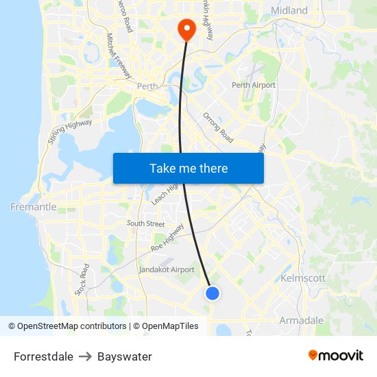 Forrestdale to Bayswater map