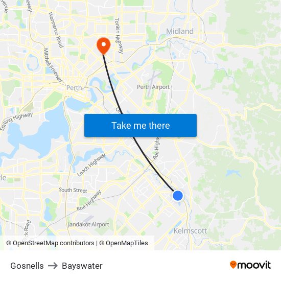 Gosnells to Bayswater map