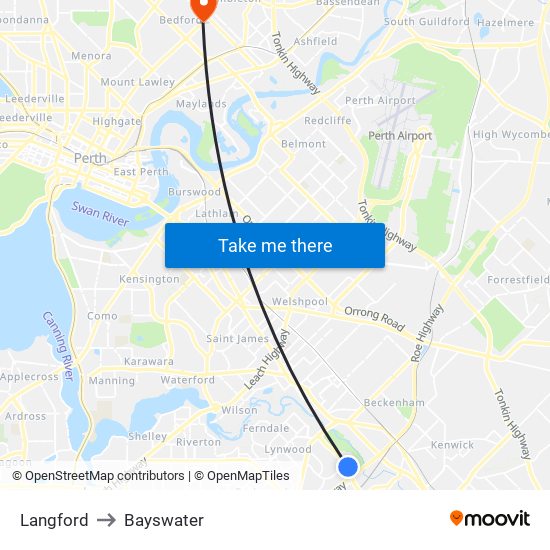 Langford to Bayswater map