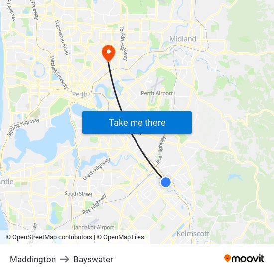 Maddington to Bayswater map