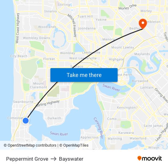 Peppermint Grove to Bayswater map