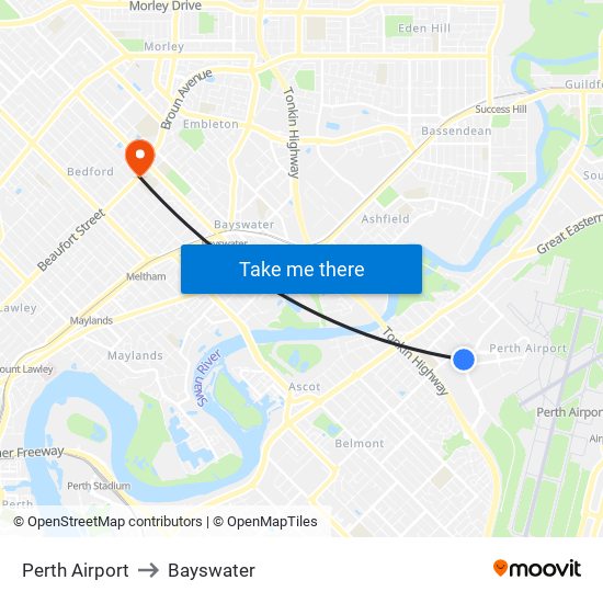 Perth Airport to Bayswater map
