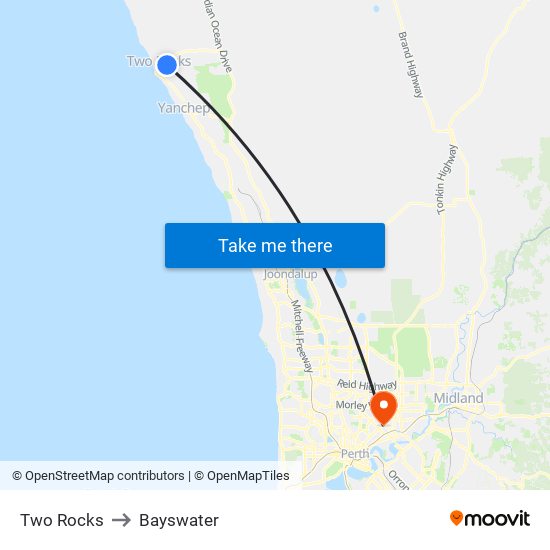 Two Rocks to Bayswater map