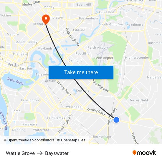 Wattle Grove to Bayswater map