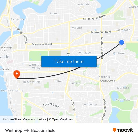 Winthrop to Beaconsfield map