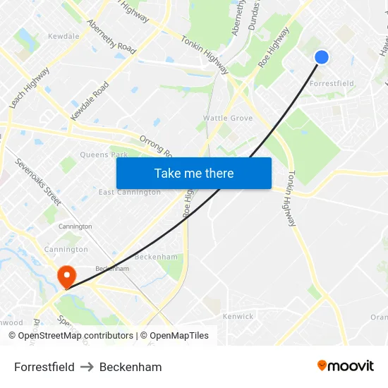 Forrestfield to Beckenham map