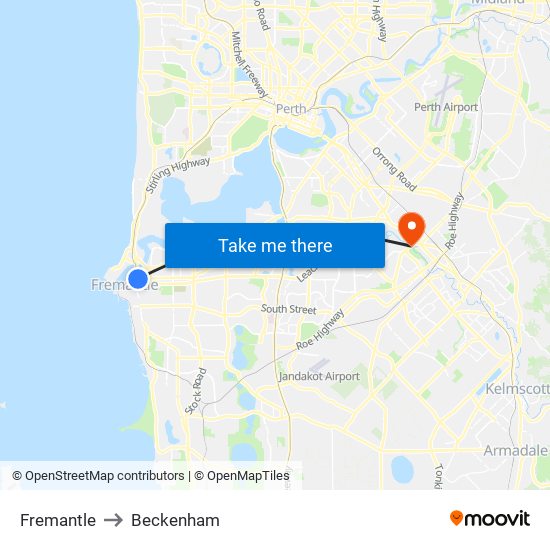 Fremantle to Beckenham map