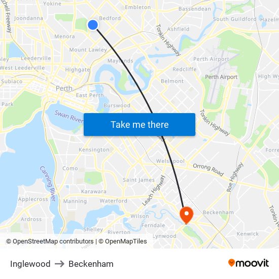 Inglewood to Beckenham map