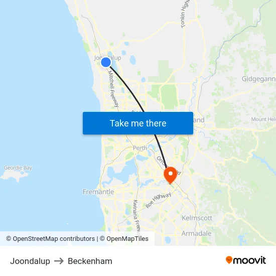 Joondalup to Beckenham map