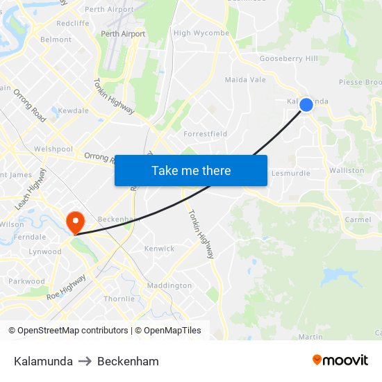 Kalamunda to Beckenham map