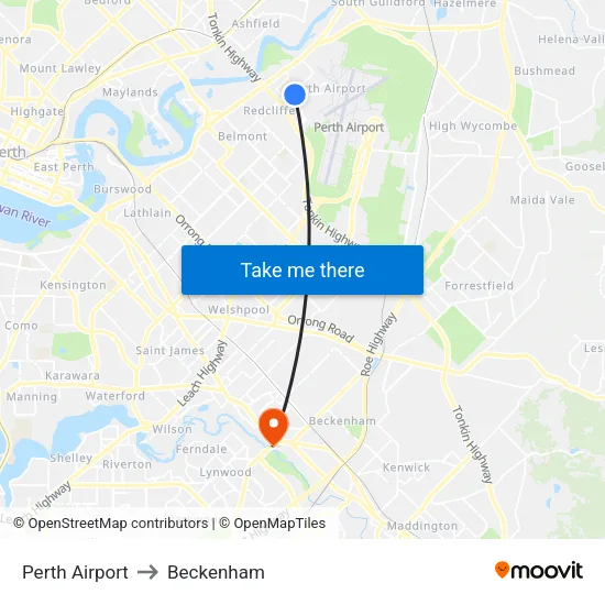 Perth Airport to Beckenham map