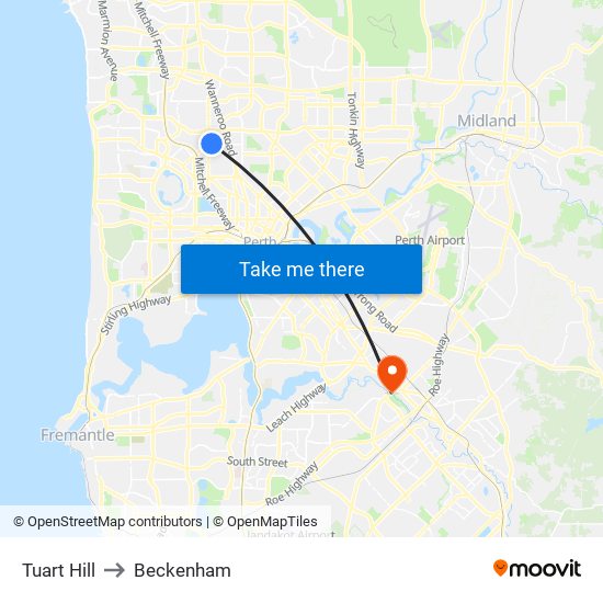 Tuart Hill to Beckenham map