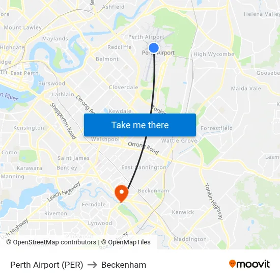 Perth Airport (PER) to Beckenham map