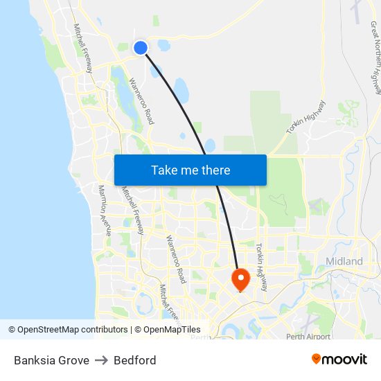 Banksia Grove to Bedford map