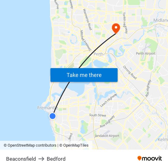 Beaconsfield to Bedford map