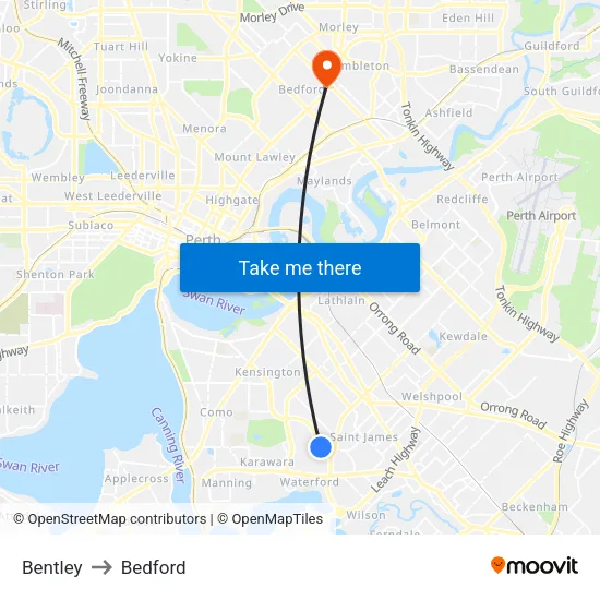 Bentley to Bedford map
