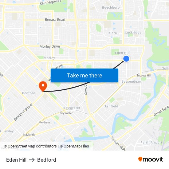 Eden Hill to Bedford map