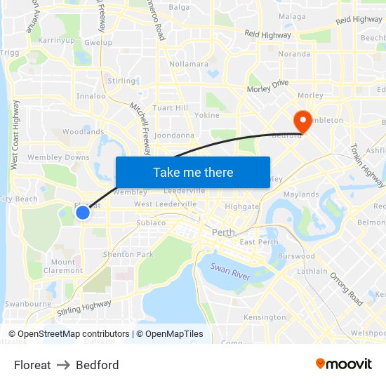 Floreat to Bedford map