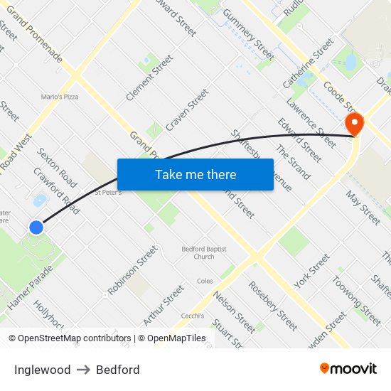 Inglewood to Bedford map