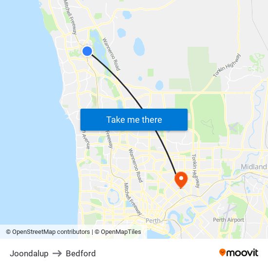 Joondalup to Bedford map