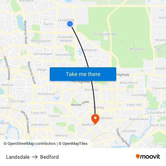 Landsdale to Bedford map