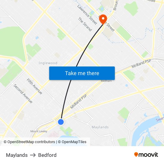 Maylands to Bedford map