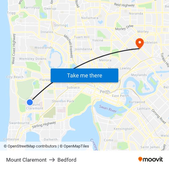 Mount Claremont to Bedford map