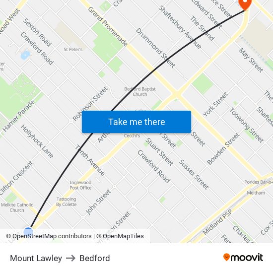 Mount Lawley to Bedford map