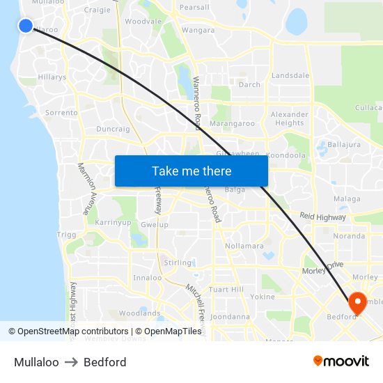 Mullaloo to Bedford map