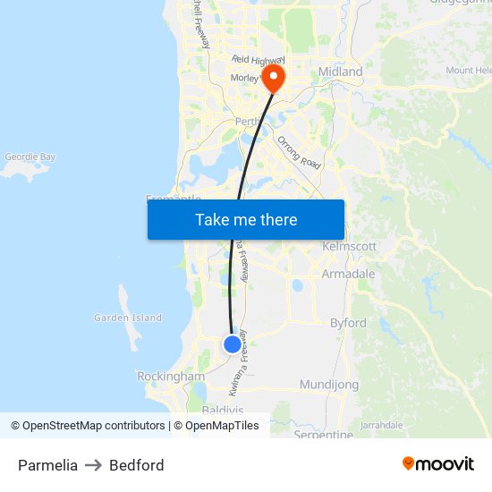 Parmelia to Bedford map