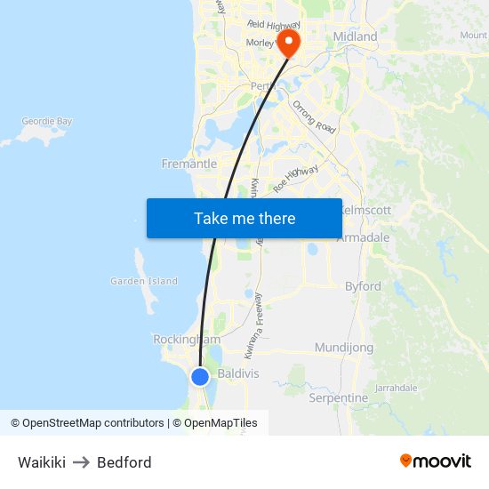Waikiki to Bedford map