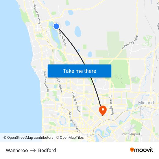 Wanneroo to Bedford map