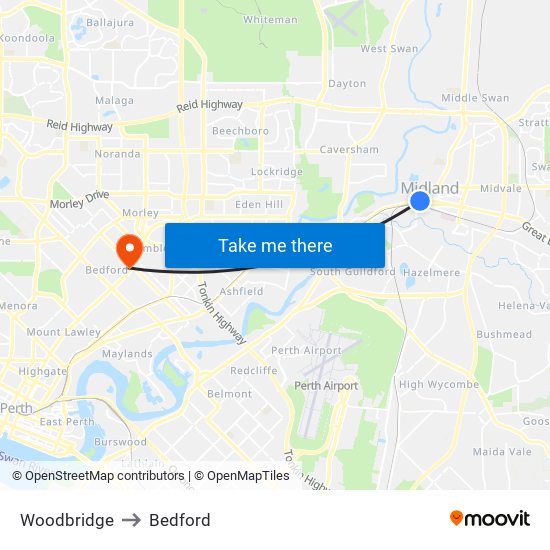 Woodbridge to Bedford map