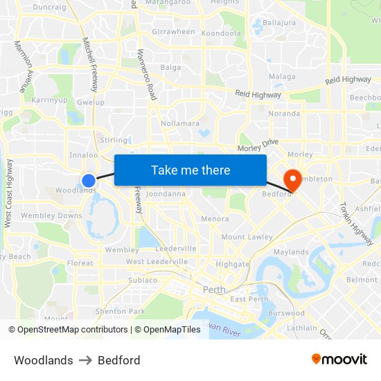 Woodlands to Bedford map