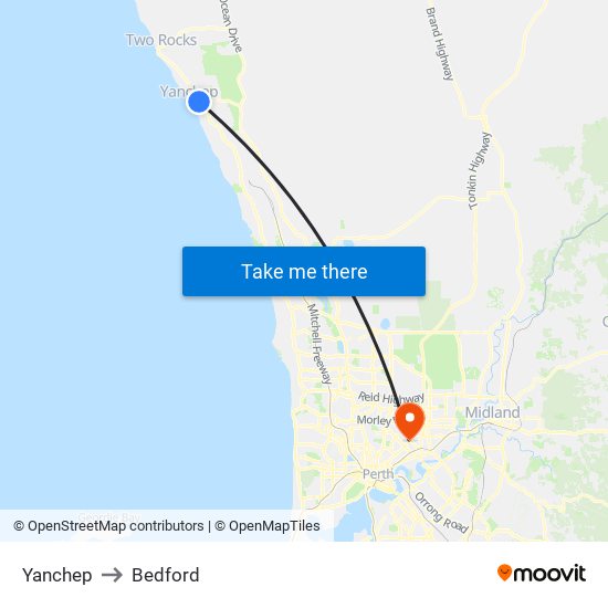 Yanchep to Bedford map