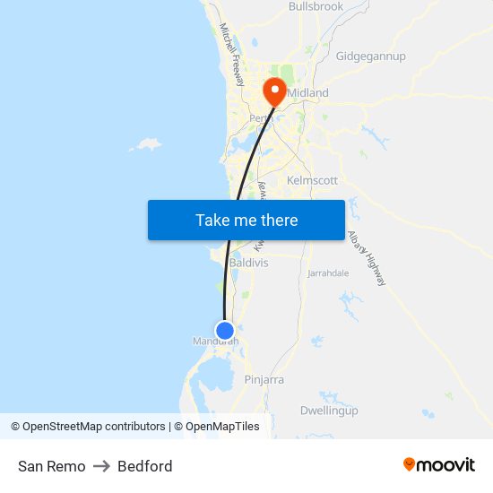 San Remo to Bedford map