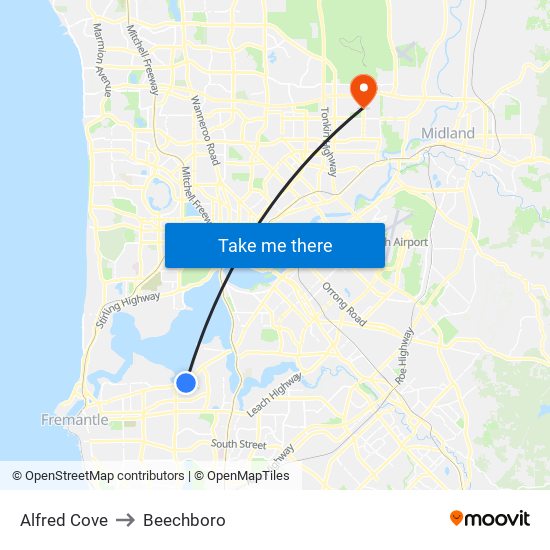 Alfred Cove to Beechboro map