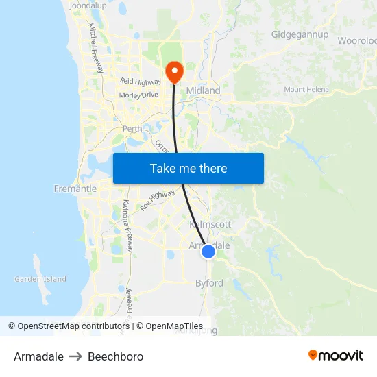 Armadale to Beechboro map