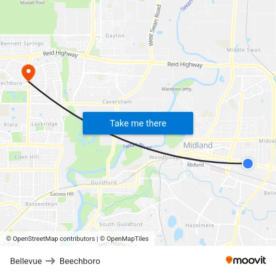 Bellevue to Beechboro map