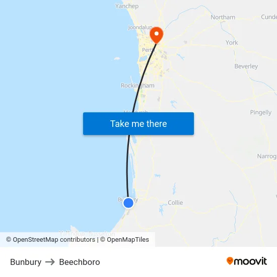 Bunbury to Beechboro map