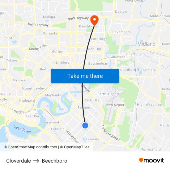 Cloverdale to Beechboro map