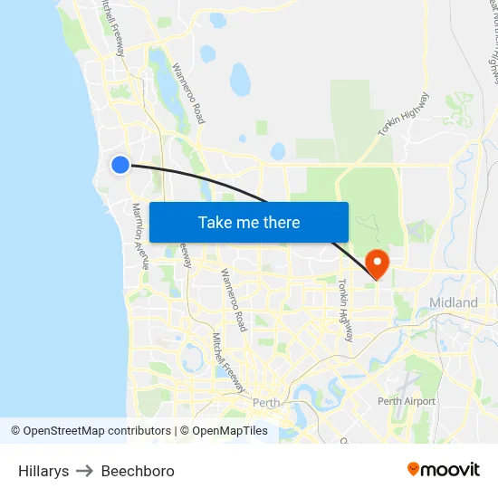 Hillarys to Beechboro map