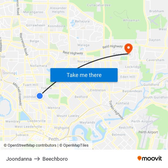 Joondanna to Beechboro map