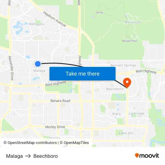 Malaga to Beechboro map