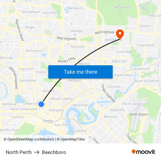 North Perth to Beechboro map