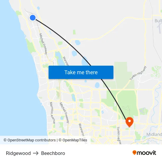 Ridgewood to Beechboro map