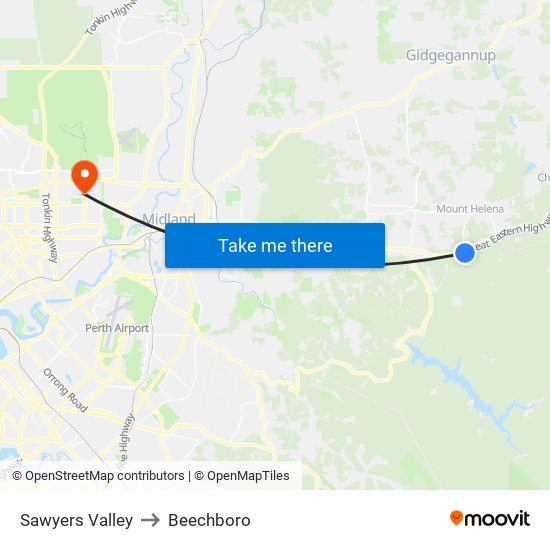 Sawyers Valley to Beechboro map