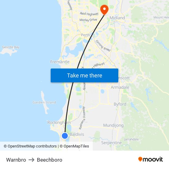 Warnbro to Beechboro map